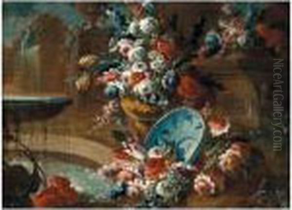 Still Life Of Flowers By A Fountain With A Peacock Beyond Oil Painting by Gasparo Lopez