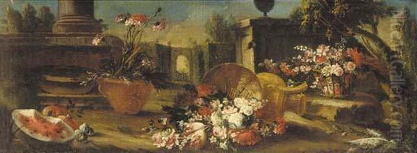 An Upturned Straw Basket With 
Carnations, Roses And Tulips With A Jug, Watermelon And A Further Basket
 Of Flowers Before A Pillar In A Formal Garden Oil Painting by Gasparo Lopez