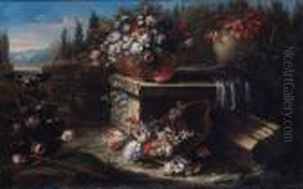 Still Life Of Mixed Flowers In A Bowl On A Draped Ledge Oil Painting by Gasparo Lopez