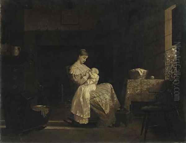 Mother Nursing a Child in an Interior Oil Painting by Enoch Wood Perry