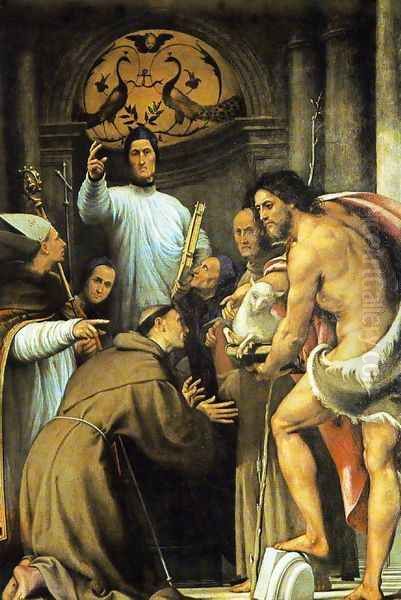 San Lorenzo Giustiniani and Two Turquoise Friars with Saints 1532-34 Oil Painting by (Giovanni Antonio de' Sacchis) Pordenone