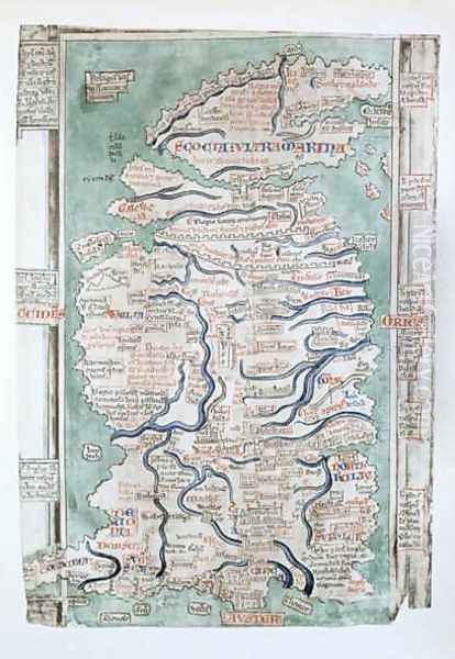 Map of England, Scotland and Wales, Ms Royal 14.C VII, fol 5 v, 1250 Oil Painting by Matthew Paris