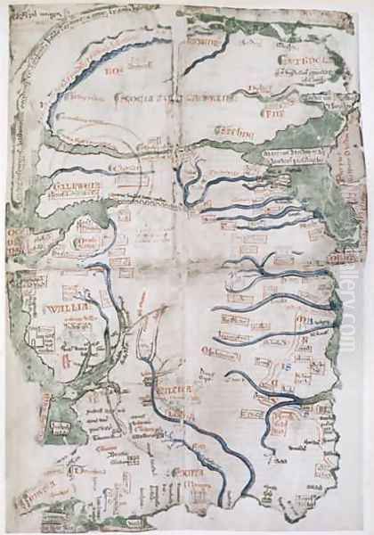 Map of England, Scotland and Wales, Ms Cotton Claudius, DVI, fol 12 v, 1250 Oil Painting by Matthew Paris