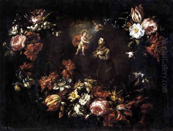 Garland of Flowers with St Anthony of Padua 1689 Oil Painting by Bartolome Perez