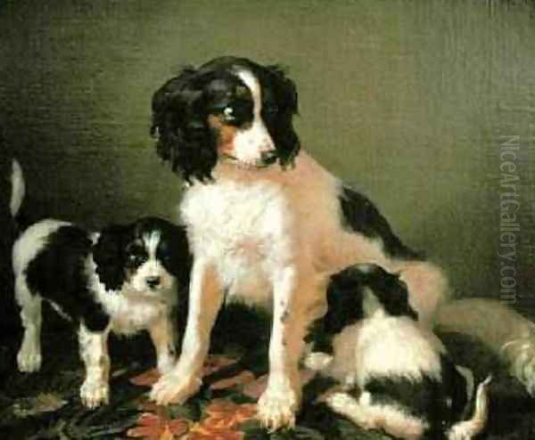 A spaniel with two puppies Oil Painting by Filippo Palizzi