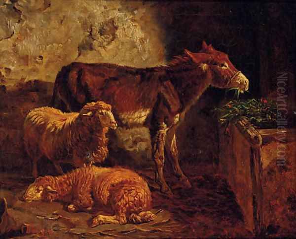 A donkey and sheep in a barn Oil Painting by Filippo Palizzi