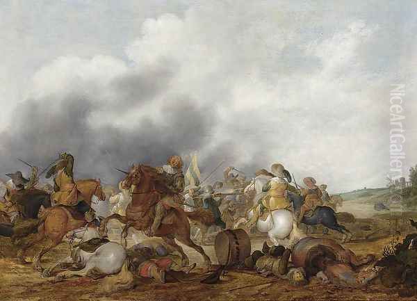 Cavalry Battle Scene Oil Painting by Palamedes Palamedesz. (Stevaerts, Stevens)