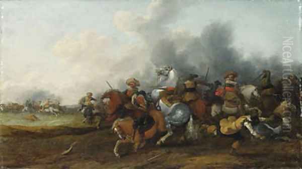 A cavalry skirmish Oil Painting by Palamedes Palamedesz. (Stevaerts, Stevens)