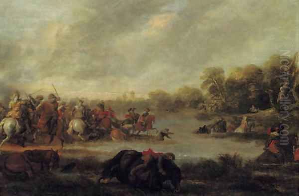 A cavalry skirmish by a river Oil Painting by Palamedes Palamedesz. (Stevaerts, Stevens)