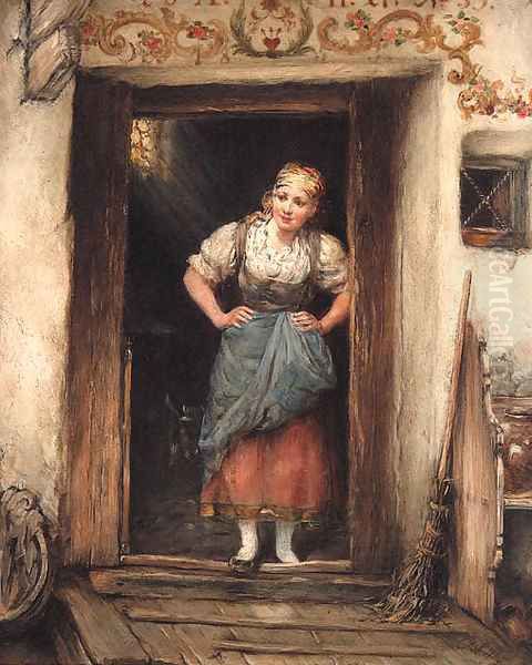 A young Maid in a Doorway Oil Painting by Otto Piltz