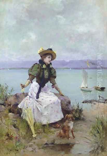 A Young Girl with a Parasol Oil Painting by Auguste Emile Pinchart