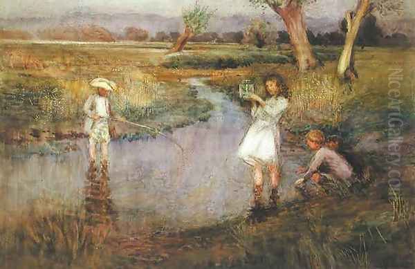 Catching Minnows - Town Meadows, Maidstone, Kent Oil Painting by John Pedder