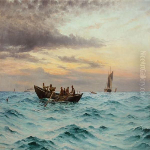 Fishermen At Sea In The Morning Light Oil Painting by Holger Peter Svane Lubbers