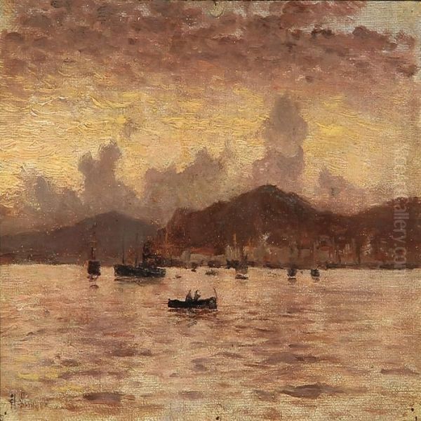 Sunset At Messina Harbour, Italy Oil Painting by Holger Peter Svane Lubbers