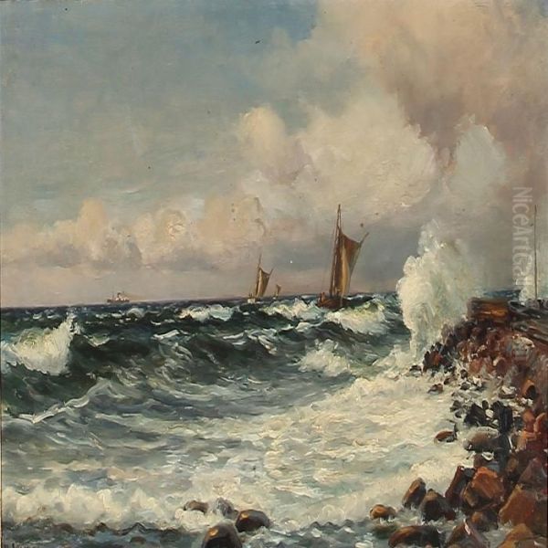 View From A Pier With Tall Waves Oil Painting by Holger Peter Svane Lubbers