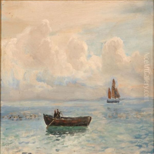 Seascape With A Rowboat And A Sailing Ship In Calmweather Oil Painting by Holger Peter Svane Lubbers