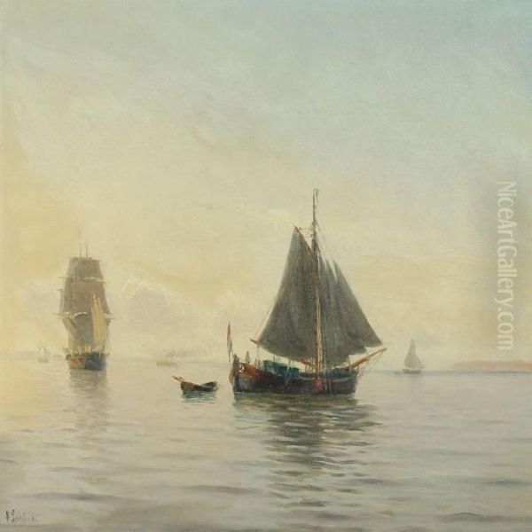 Seascape With Several Sailing Ships In The Morningmist Oil Painting by Holger Peter Svane Lubbers