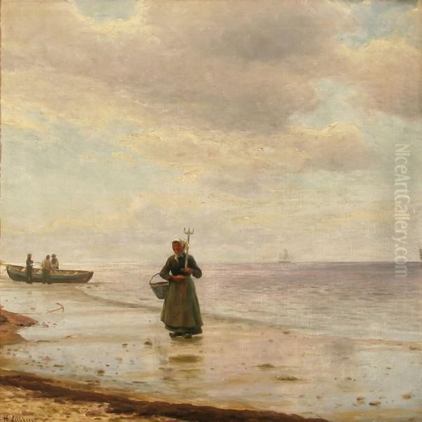 Coastal Scene With A Fisherman's
 Wife And Three Fishermen,presumably From Skagen, Denmark Oil Painting by Holger Peter Svane Lubbers