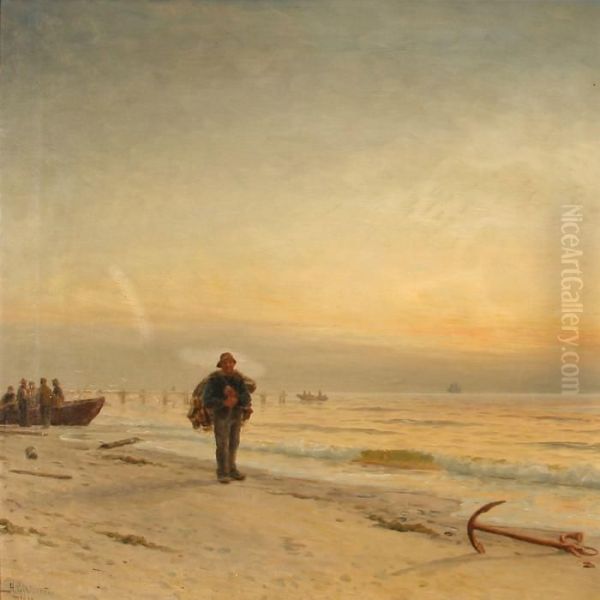 Fishermen On Skagen Beach, Denmark Oil Painting by Holger Peter Svane Lubbers