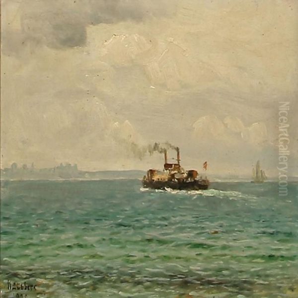 Marine With A Ferry Heading Towards Helsingborg Oil Painting by Holger Peter Svane Lubbers