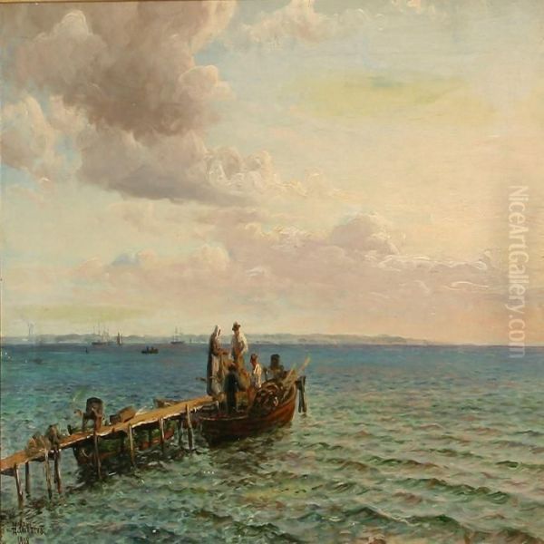 Coastal Scene Withships On The Sea, In The Background The Swedish Coast Oil Painting by Holger Peter Svane Lubbers