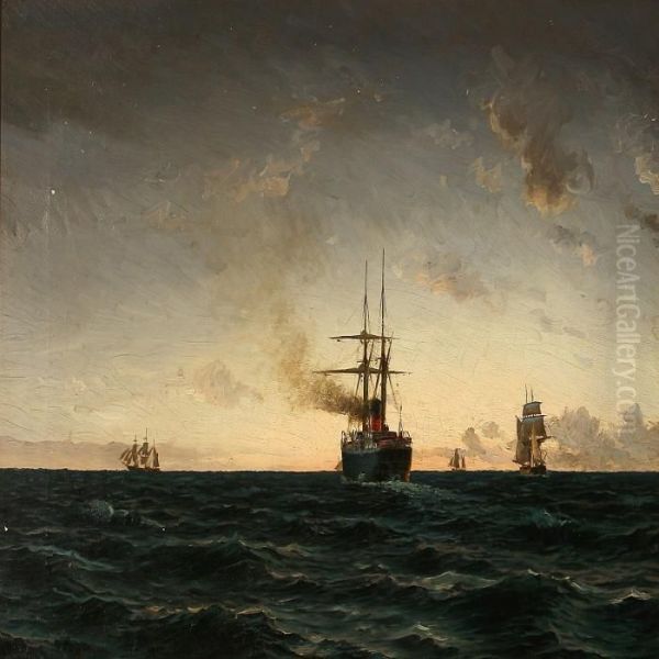 Seascape With A Steamer And Sailing Ships In The Eveningsun Oil Painting by Holger Peter Svane Lubbers