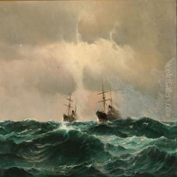 2 Dampere Sejle Om Kap I Atlanterhavet Oil Painting by Holger Peter Svane Lubbers