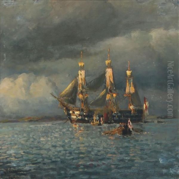 English Warship At Anchor Where The Crew Has Gone To Theboats Oil Painting by Holger Peter Svane Lubbers