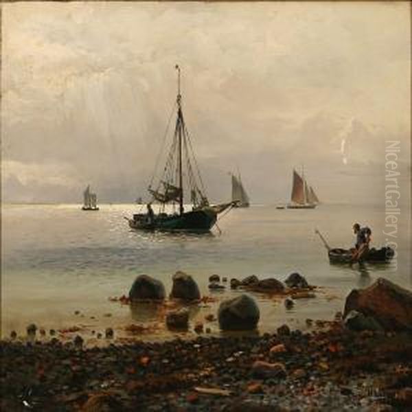 Coastal Scene With A Sailing Ship On Its Way Ashore Oil Painting by Holger Peter Svane Lubbers