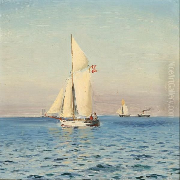 Marine With A Sailing Boat And Other Ships On A Quiet Summer's Day Oil Painting by Holger Peter Svane Lubbers