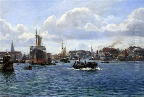 Shipping In Copenhagen Harbour Oil Painting by Holger Peter Svane Lubbers