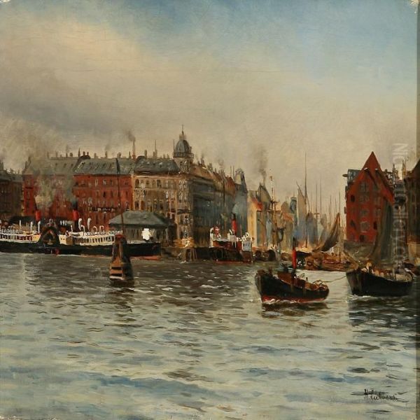 Harbour Scene Fromnyhavn, Denmark Oil Painting by Holger Peter Svane Lubbers