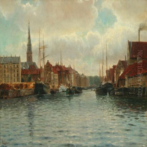 Scenery Fromchristianshavn Channel, Copenhagen Oil Painting by Holger Peter Svane Lubbers