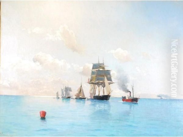 A Line Of Sailing Vessels Being Towed By A Steam Tug On A Calm Day Oil Painting by Holger Peter Svane Lubbers