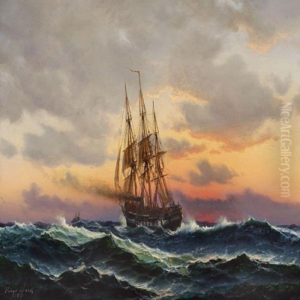 Seascape With Ships In The Sunset Oil Painting by Holger Peter Svane Lubbers