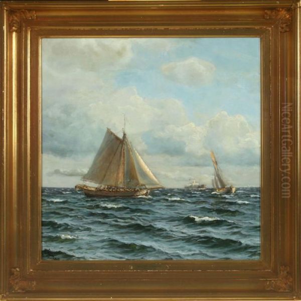 Seascape With Sailingand Motor Ships Oil Painting by Holger Peter Svane Lubbers