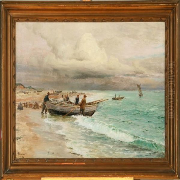 Coastal Scene Withfischermen Oil Painting by Holger Peter Svane Lubbers