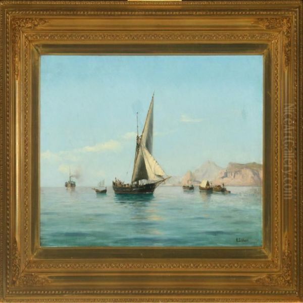 Sailing Ship And Motorboats Off The North Coast Of Africa Oil Painting by Holger Peter Svane Lubbers