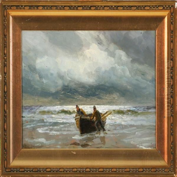 A Lifeboat Being Towed Ashore Oil Painting by Holger Peter Svane Lubbers