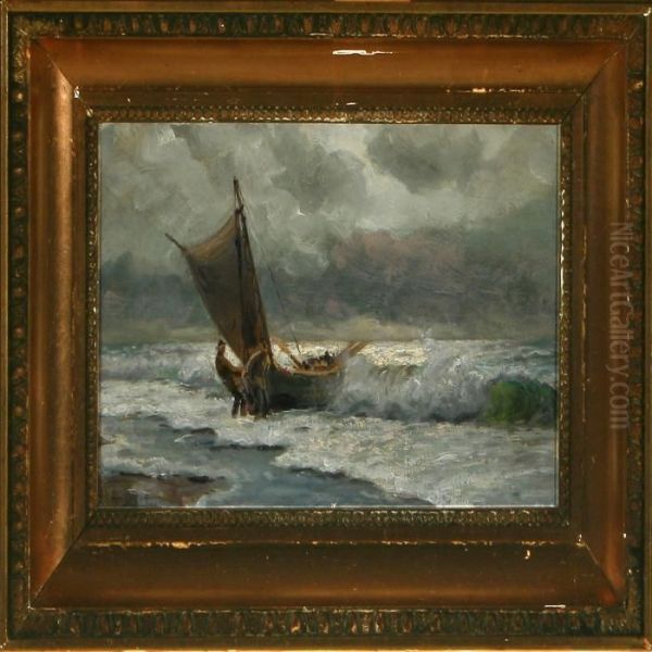 Fishermen Pulling Their Boat Onshore Oil Painting by Holger Peter Svane Lubbers