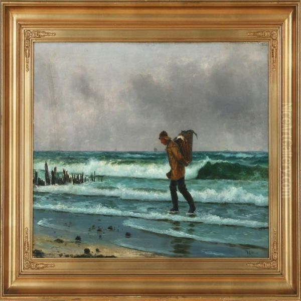 Fisherman On The Beach With A Basket With Today's Catch On His Back Oil Painting by Holger Peter Svane Lubbers