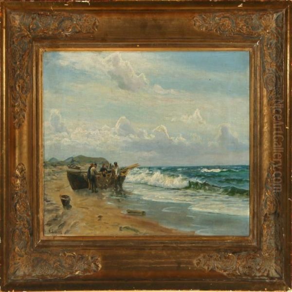 Fishermen At The Beach Oil Painting by Holger Peter Svane Lubbers