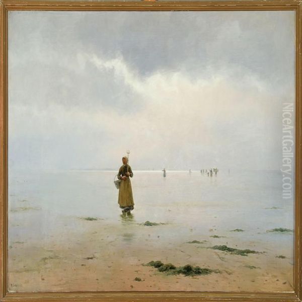 A Fisherman's Wife On A Beach In Brittany Oil Painting by Holger Peter Svane Lubbers