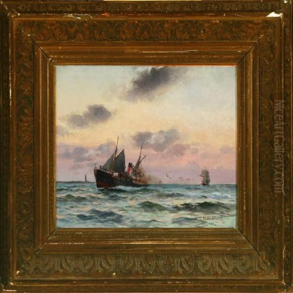 Seascape With Motor Ship And Sailing Ship Off Lighthouse Oil Painting by Holger Peter Svane Lubbers