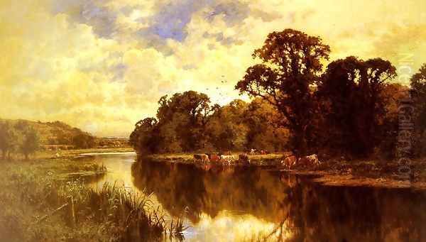 Cattle Watering on a Riverbank Oil Painting by Henry Hillier Parker