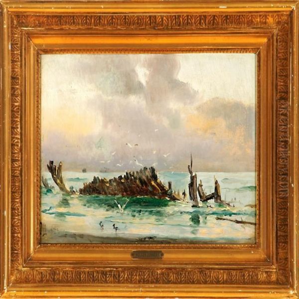 Seagulls At A Wreck On The Shore Oil Painting by Holger Peter Svane Lubbers