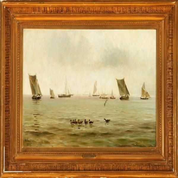 Marine With Severalsailing Ships On Open Sea Oil Painting by Holger Peter Svane Lubbers