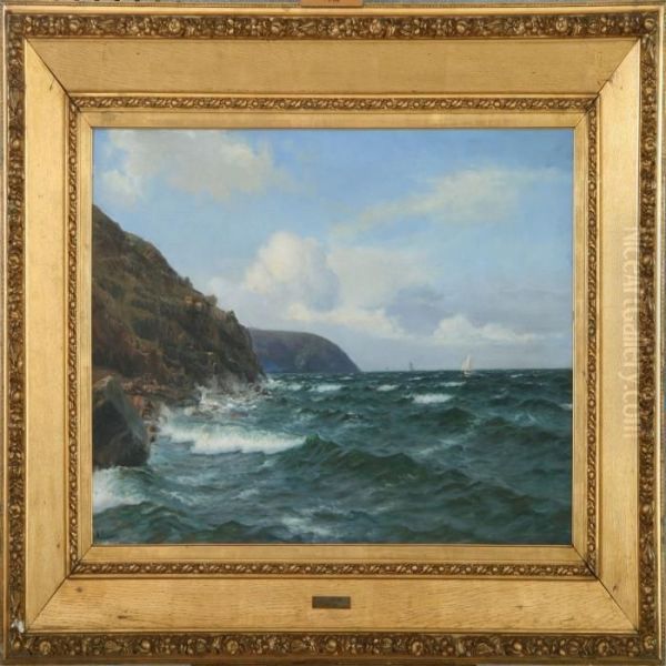 Marine With Sailingship By Rocky Coast Oil Painting by Holger Peter Svane Lubbers