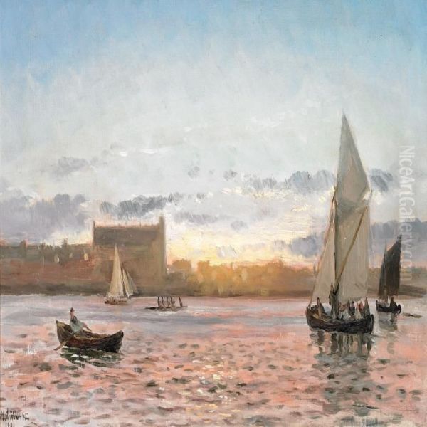 Small Boats In Quiet Water, Sunset Oil Painting by Holger Peter Svane Lubbers