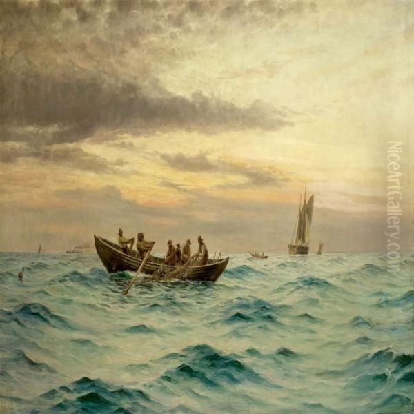 Marine With Fishermen In A Rowing Boat Oil Painting by Holger Peter Svane Lubbers